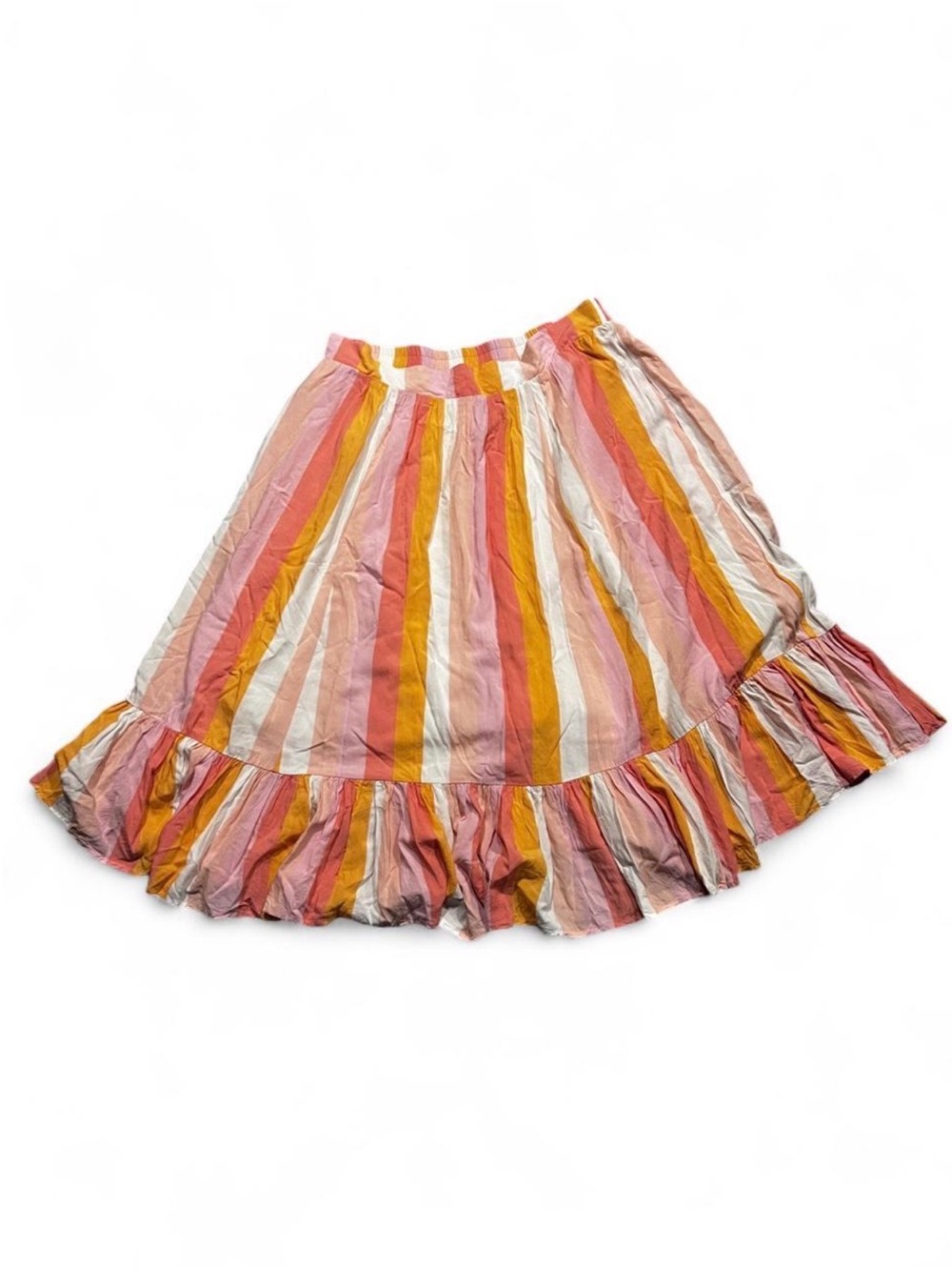 ModCloth Pink, Mustard & Cream Striped Ruffle Hem Skirt